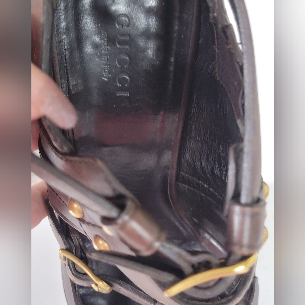 Gucci Leather Pumps 👠 Brown Peep-Toes Studded Accents Platform Multistrap $550 - Picture 10 of 15